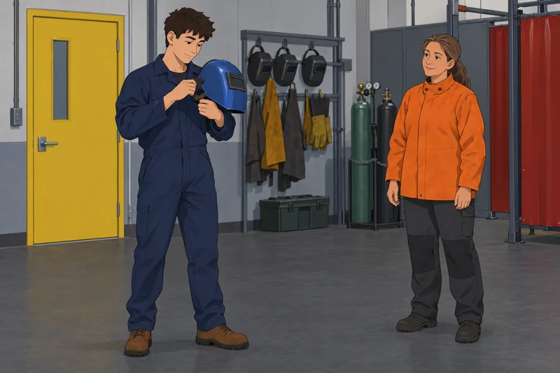 Welding Quiz shows a learner checking helmet fit.