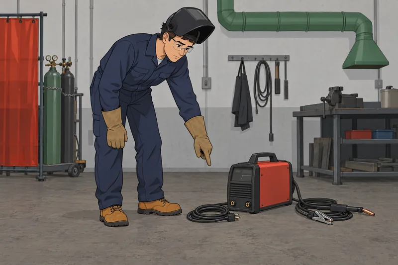 Welding Safety Quiz: trainee checks a power cable.