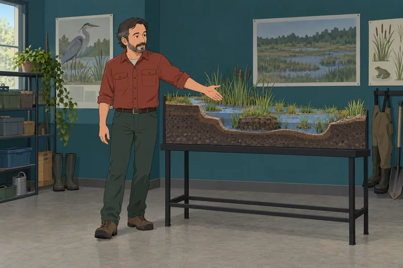Wetland Quiz shows an educator guiding water flow.