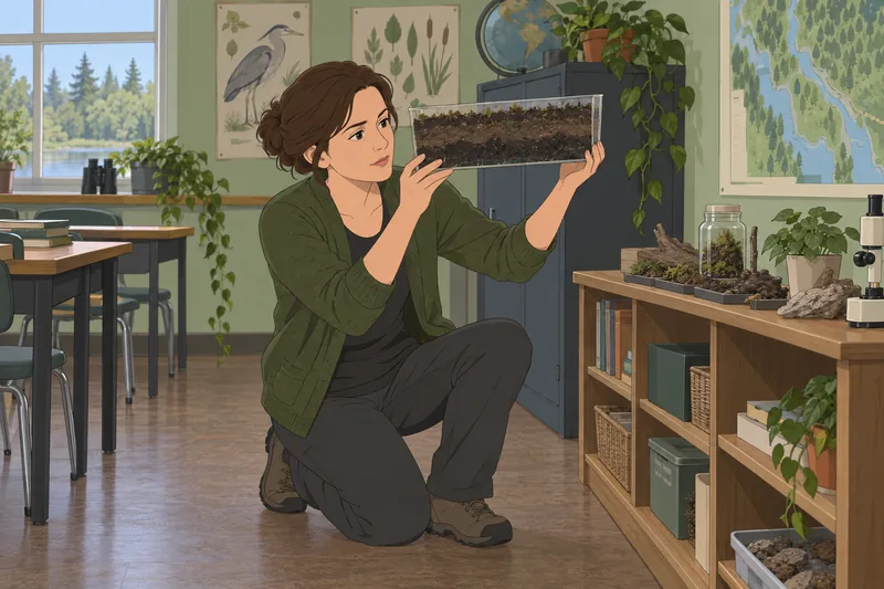 Wetland Quiz shows an instructor examining wetland soil.