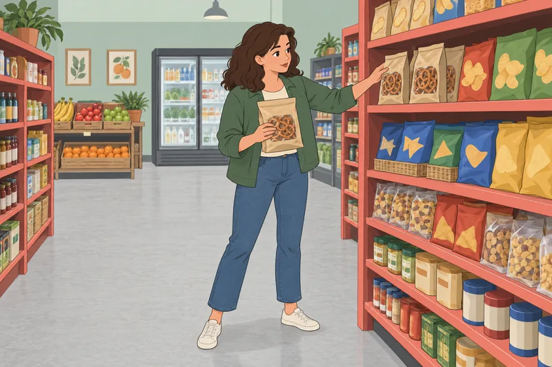 What Am I: a shopper weighs crunchy pretzels.