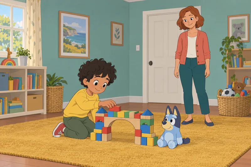 What Bluey Character builds a bright block bridge.