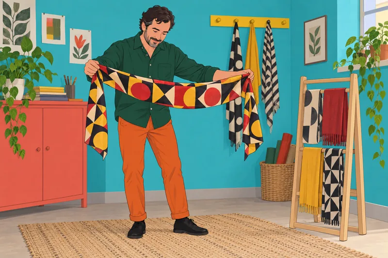 What Brand Am unfolds beside a patterned scarf.