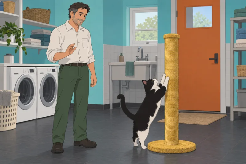 What Cat Am: cat investigates a scratching post.