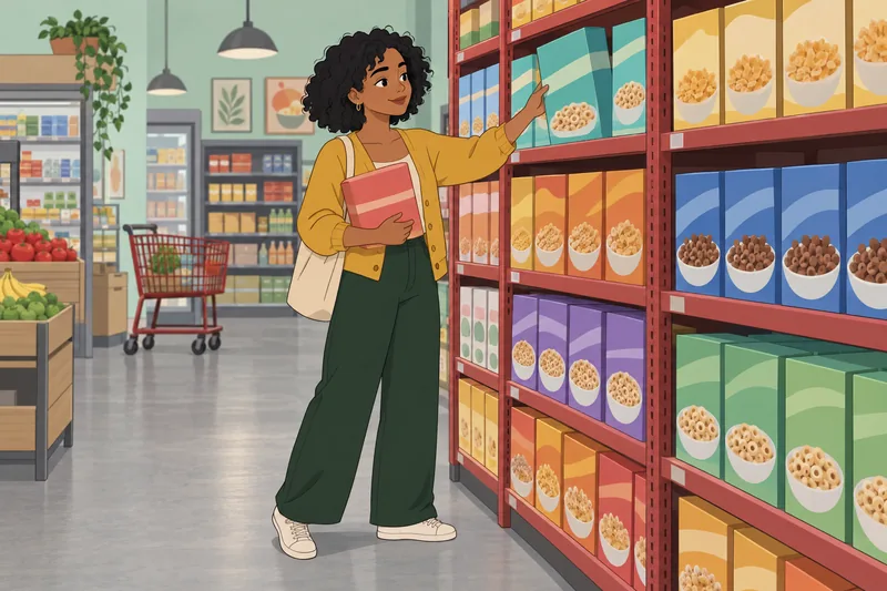 What Cereal Am shopper compares cereal boxes.