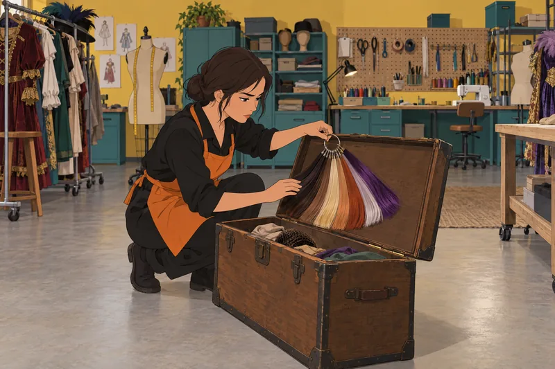 What Color Wig swatches cover a workshop trunk.