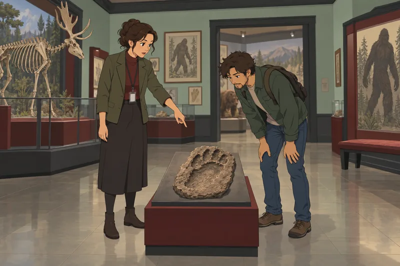 What Cryptid Am shows a visitor studying footprints.