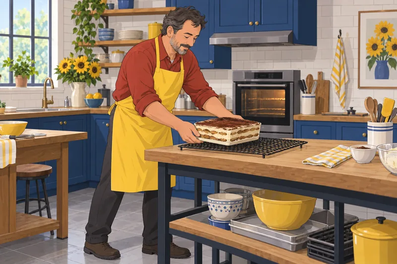 What Dessert Am: Baker places a tiramisu dish.