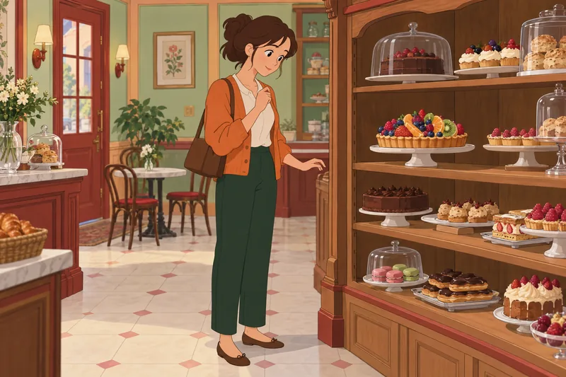 What Dessert Am: Customer studies a fruit tart.