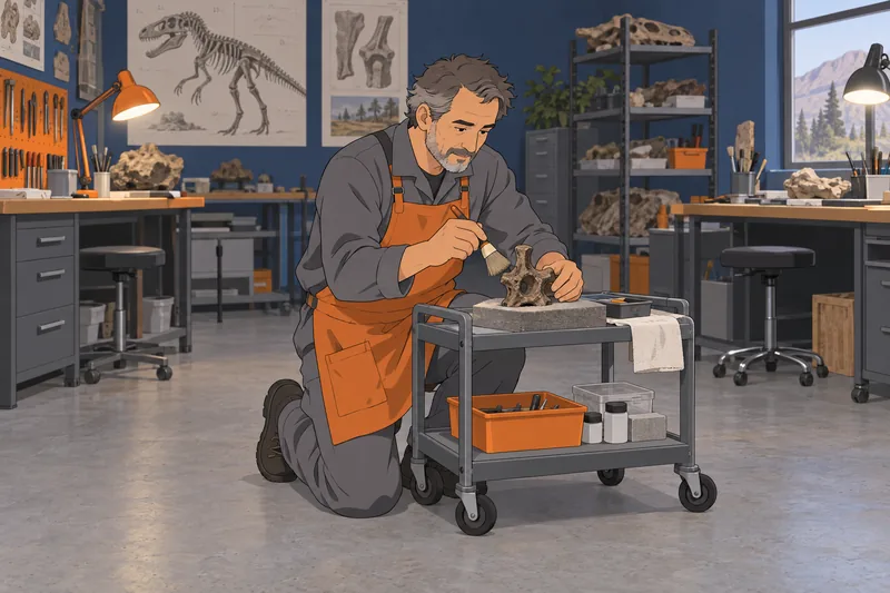 What Dinosaur Am puzzle in a fossil workshop.