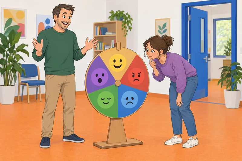 Quiz ¿Qué emoji: facilitador gira una rueda.