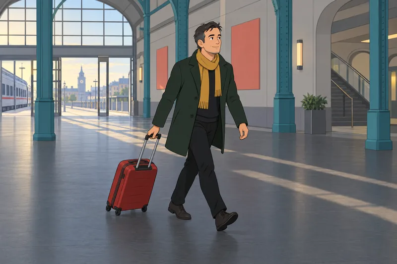 What European Country: a traveler rolls luggage.