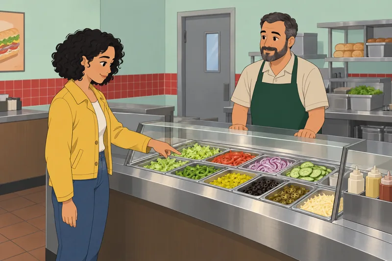 What Fast Food: Customer customizes a sandwich.
