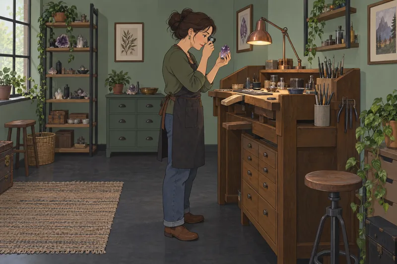 What Gemstone Am — A jeweler examines an amethyst.