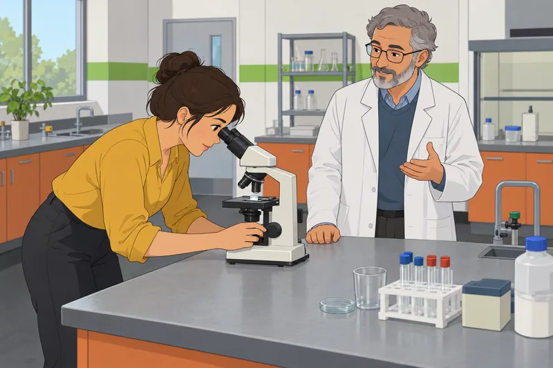 What Grade Am — an adult examines a microscope.