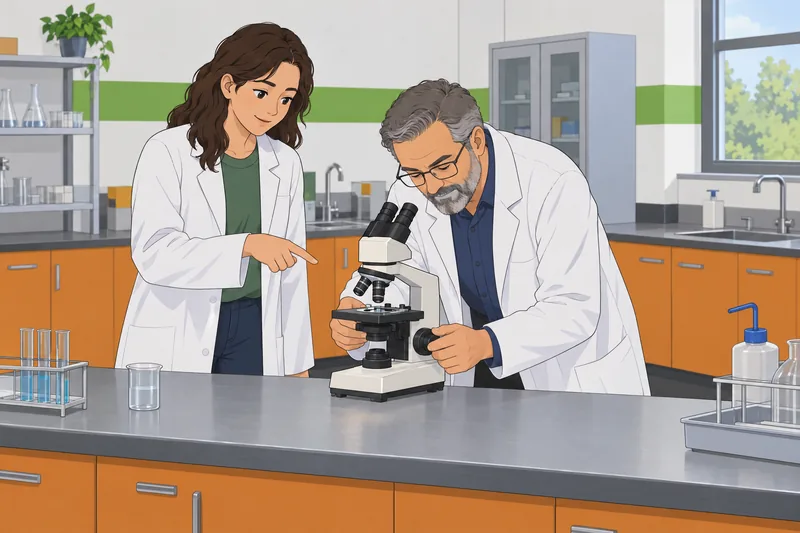 cuestionario ¿En qué? Un adulto examina un microscopio.