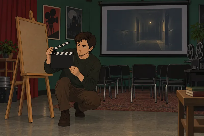 What Horror Movie clapperboard frames a mystery.