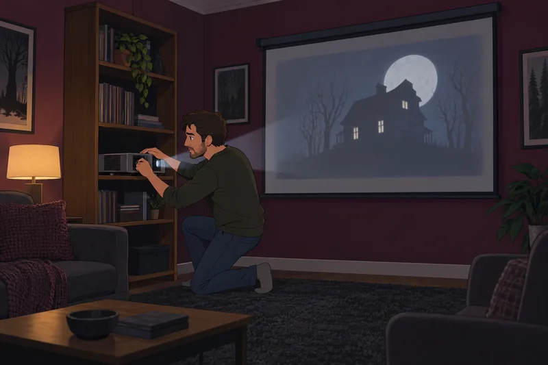 What Horror Movie appears beside a glowing projector.