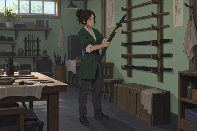 What Is My: woman studies a sheathed blade.