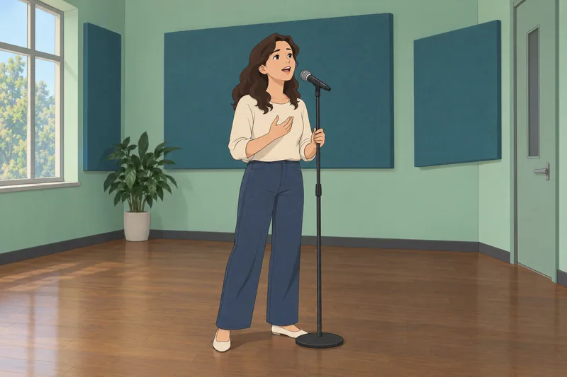 What Is the singer practicing at the microphone?