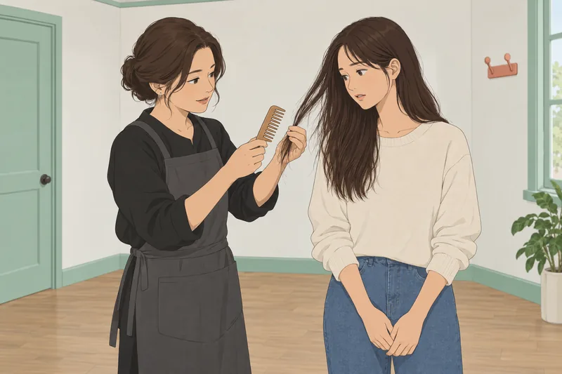 What Is Wrong: stylist studies a hair strand.