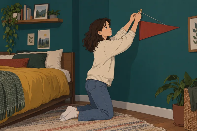 What Ivy League: student hangs a campus pennant.