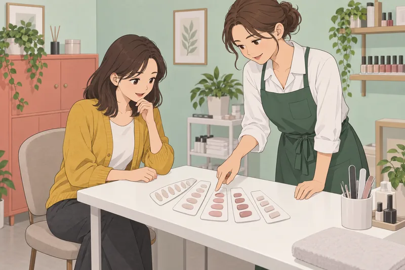 What Nail Shape: client compares five nail samples.