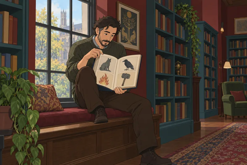 A reader studies a What Norse God book.