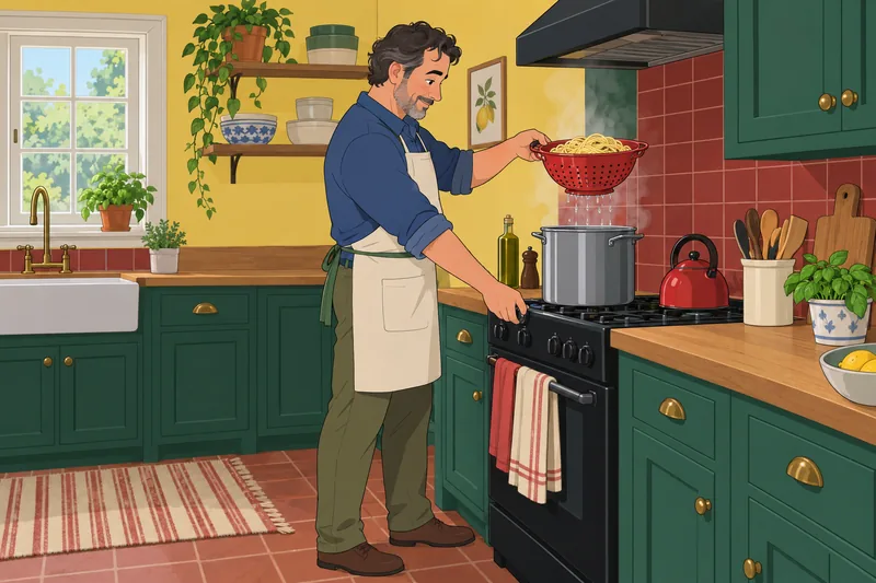 What Pasta Am: a cook drains spaghetti.