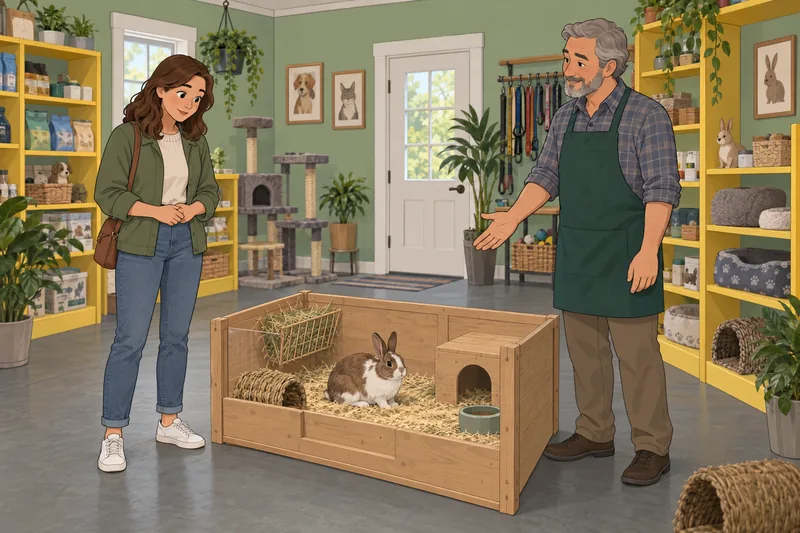 What Pet Am: shopper studies a rabbit habitat.
