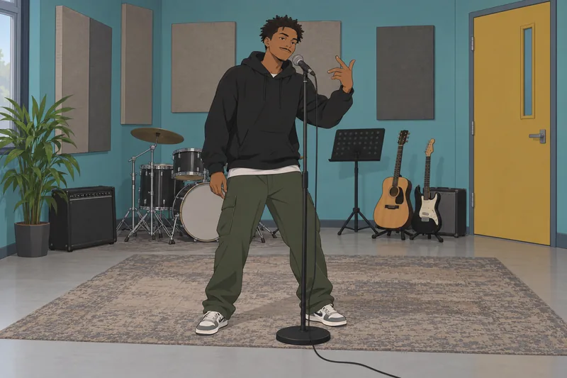 What Rapper Am performer practices beside a microphone.