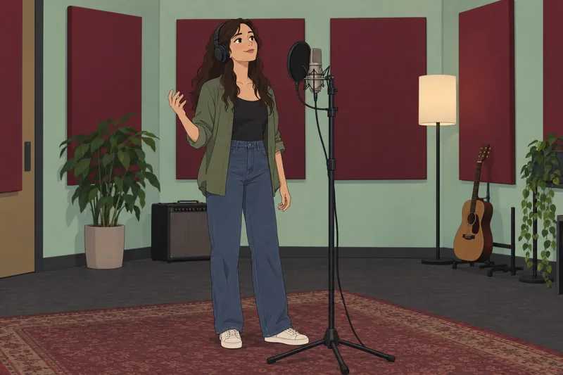¿Qué cantante soy? Vocalista ensaya junto al micrófono.