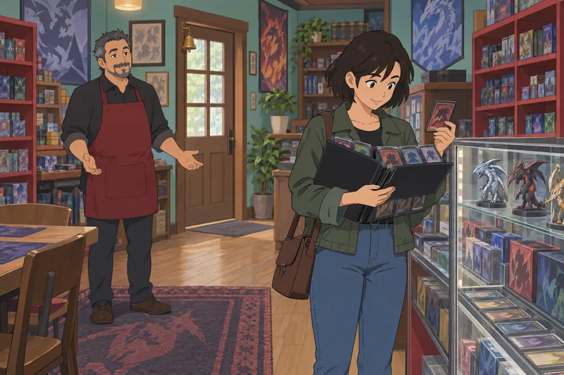 What YuGiOh Card: A shopper studies a binder.