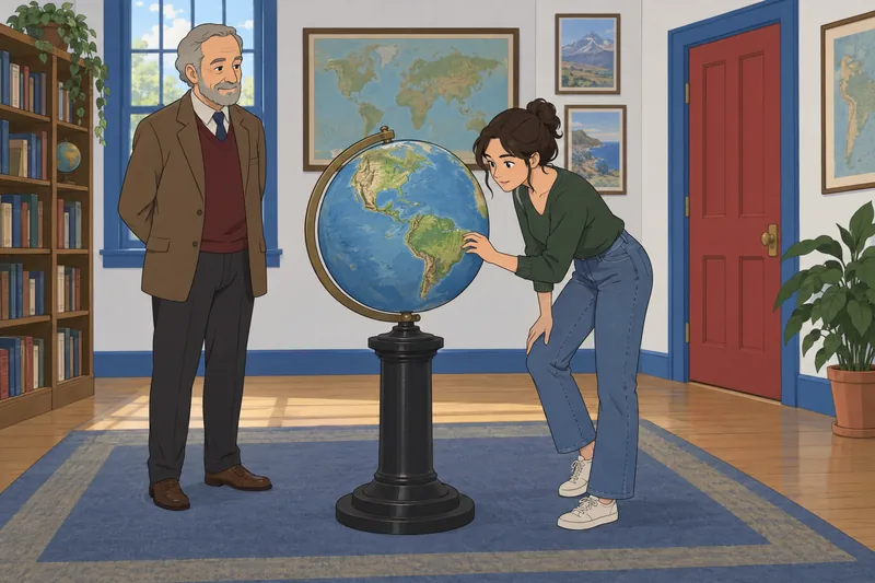 Where Was I: a visitor turns a globe.