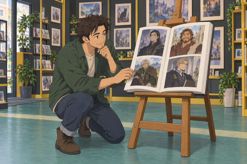 Which Anime Dilf: visitor studies an illustrated artbook.