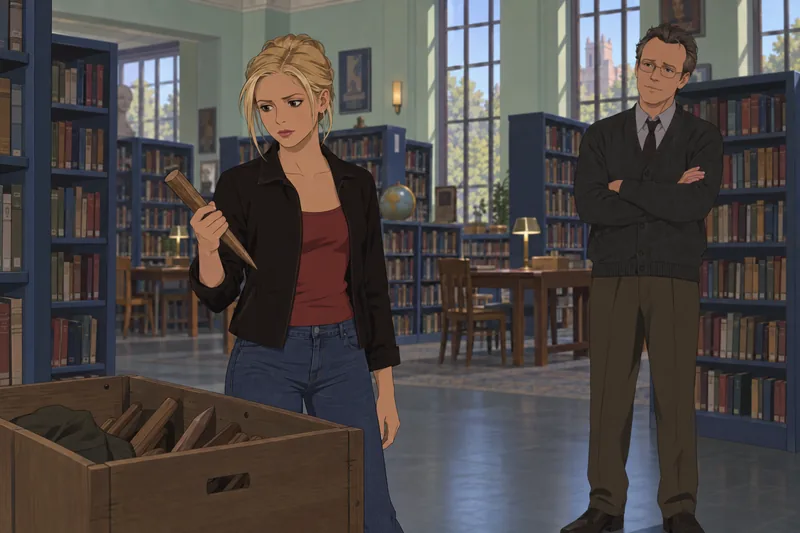 Which Buffy Character appears in a library decision.