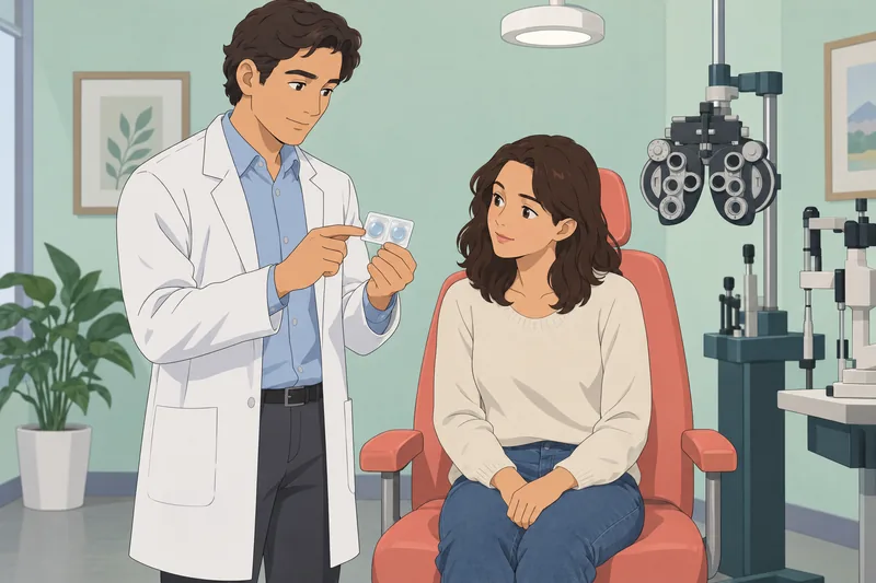 Which Contact Lenses: patient reviews a trial pack.