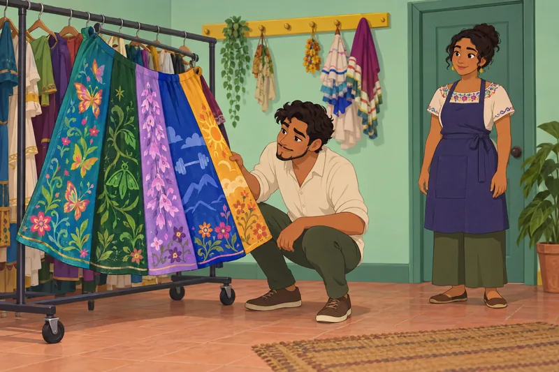 Which Encanto Character: a man examines embroidered fabric.