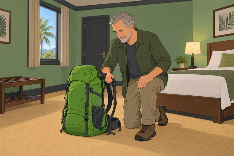 Which Hawaiian Island: traveler checks a hiking pack.