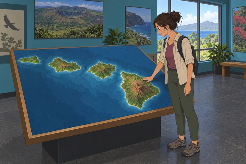 Which Hawaiian Island: traveler studies a relief map.