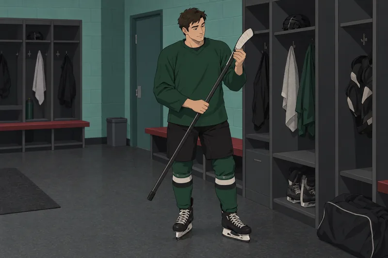 Which NHL Player stands beside a hockey stick.