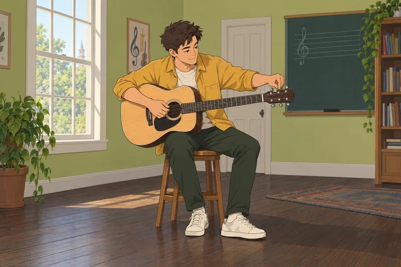 Which One Direction, a guitarist tunes thoughtfully.