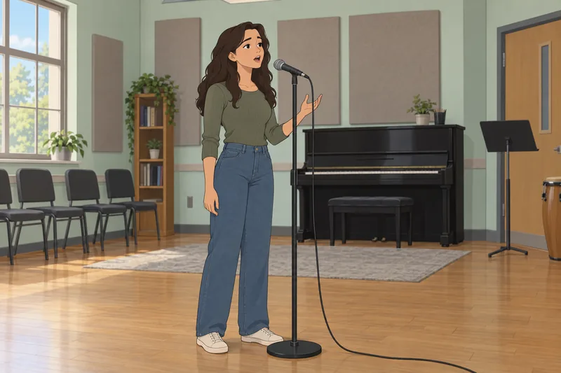 Which Pop Star: singer rehearses by microphone.