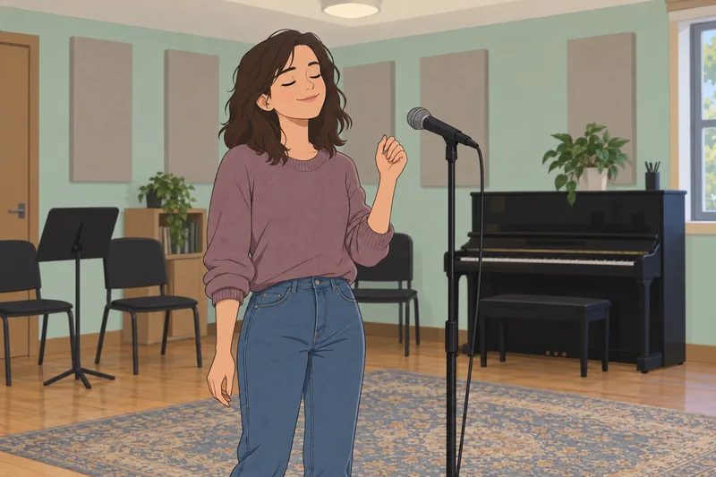Quiz ¿Qué estrella: una cantante ensaya con micrófono.