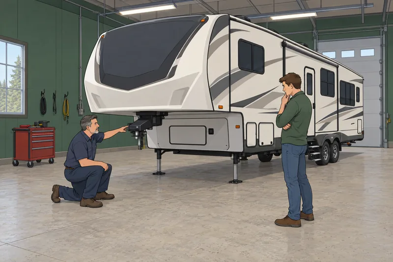 Which RV Is inspected near a fifth-wheel trailer.
