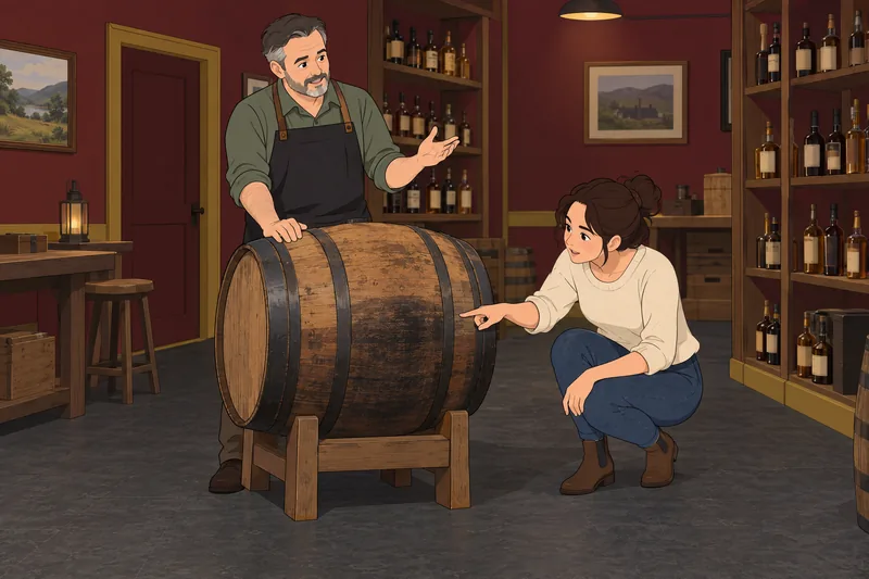 El cuestionario sobre whiskey observa una barrica.