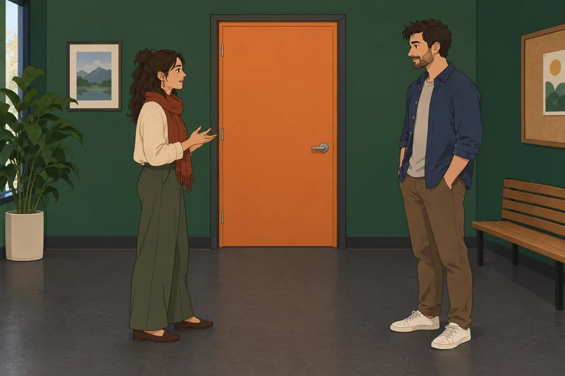 Who Am I, pausing by a closed door.