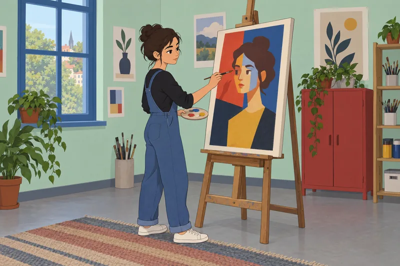 Who Am I beside a self-portrait canvas.