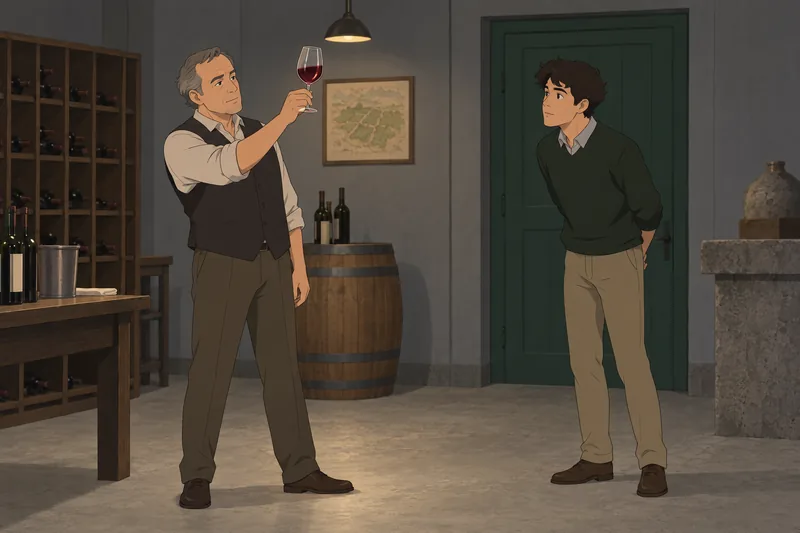 Wine Quiz shows a cellar instructor inspecting glass.