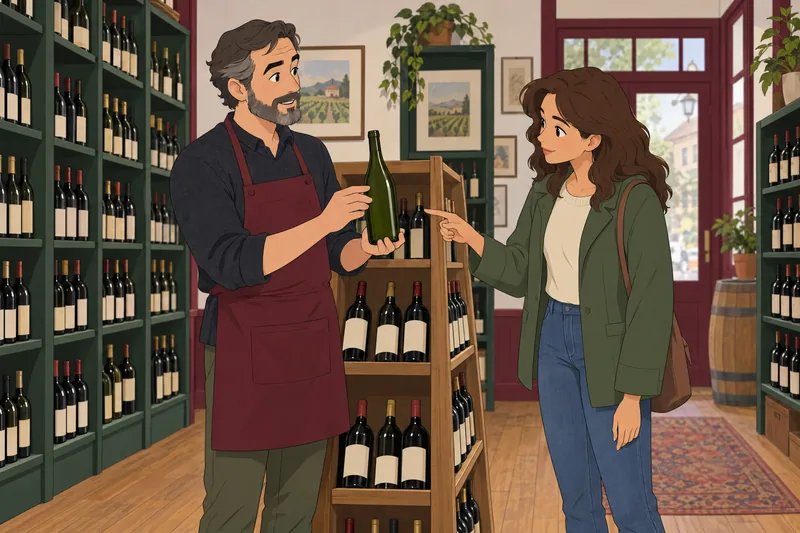 Wine Quiz shows a clerk comparing bottles.